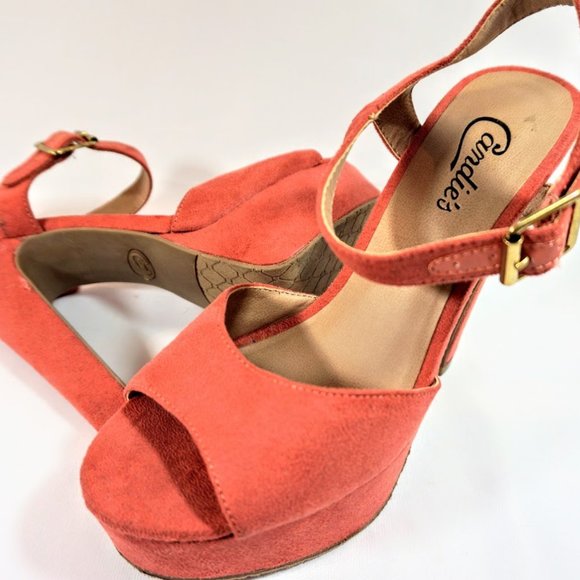 Candie's Shoes - Bright Coral Suede finish Candies Platform Heels 8